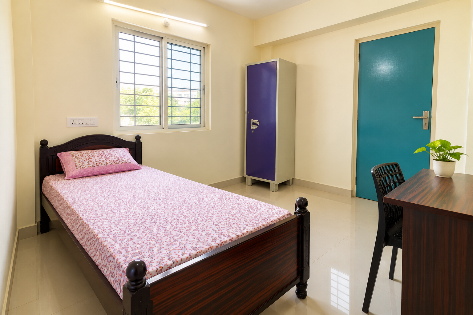 Single-bed PG room with wardrobe and study table